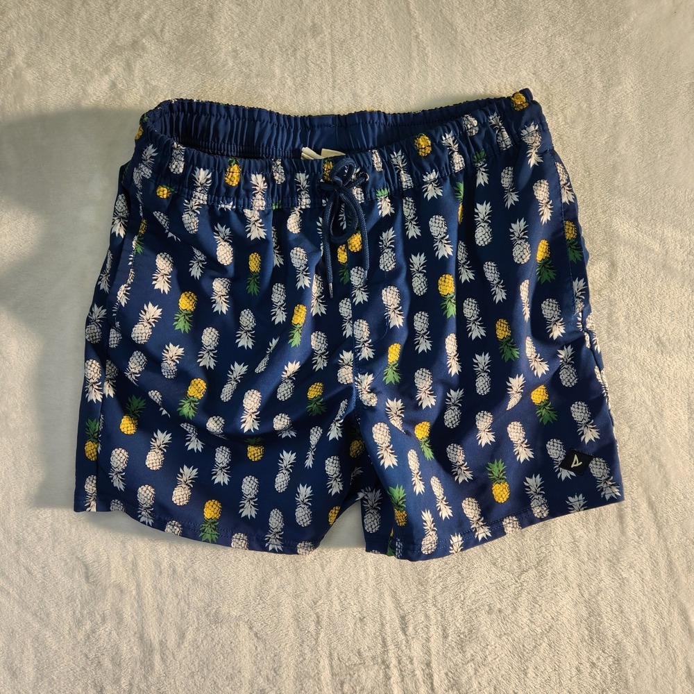 Sperry Mens Navy Pineapple Print Swim Trunk Shorts Sz L Elastic Waist Drawstring